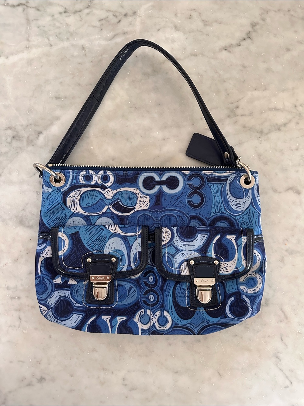 Coach Blue Graphic Signature Canvas Shoulder Bag with Front Pockets